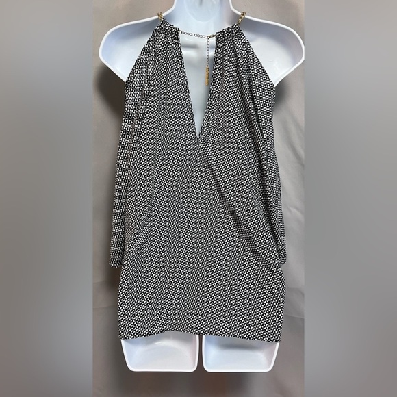 MICHAEL KORS Black Wht Gold Chain Neck Open Cold Shoulder Dolman‎ 3/4 Sleeve Top - Picture 2 of 9